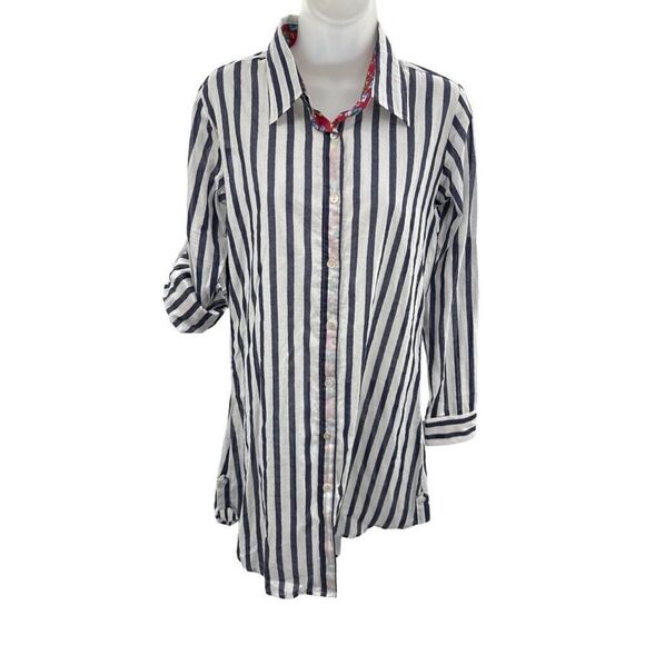 Charlotte Kellogg Stripe Shirt‎ Dress Handprinted Cotton Floral Trim Size Small - Picture 5 of 12